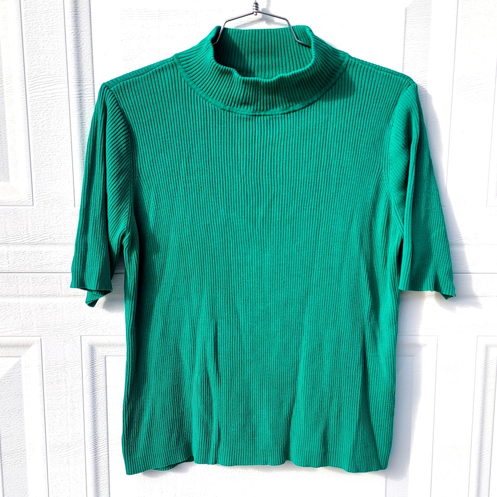 Vintage Green Ribbed Turtleneck Top Short Sleeve